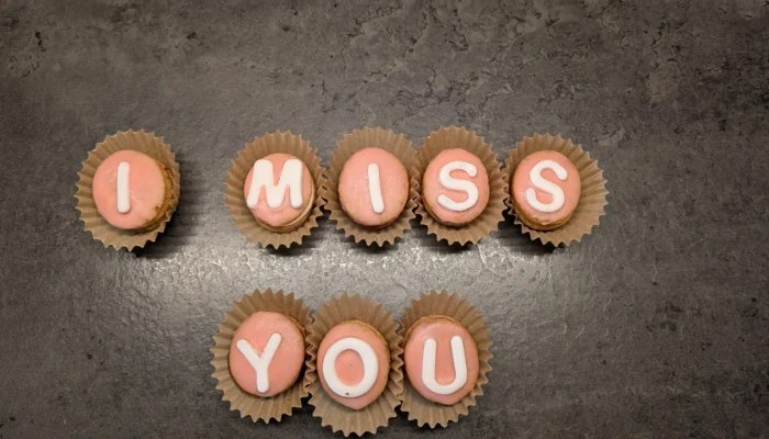 Plätzchen mit Buchstaben aus Zuckergussschrift zusammengelegt zu dem Satz "I miss you"