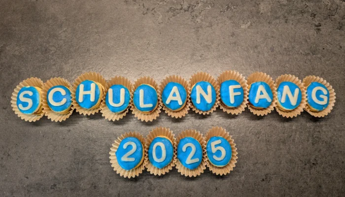 Plätzchen mit Buchstaben aus Zuckergussschrift zusammengelegt zu dem Satz "Schulanfang 2025"