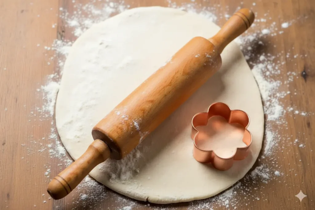 Ein Nudelholz neben einer Ausstechform auf einem runden ausgerolltem Teig